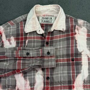 Franklin Flannels Shirt Mens S Grey Red Upcycled Bleached Distressed Plaid L/S